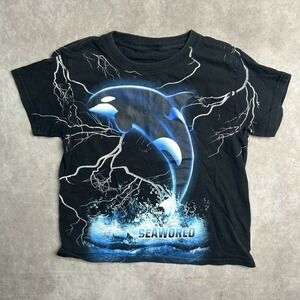 SeaWorld Shirt Boys 8-10 Black Lightning Print Shamu Killer Whale Graphic Tee